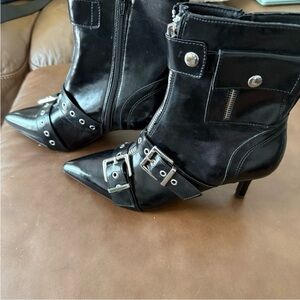 Wild Pair Black Heeled Boots with Silver Buckles
